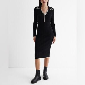 Express Black Ribbed Polo-Style Midi Dress with White Trim